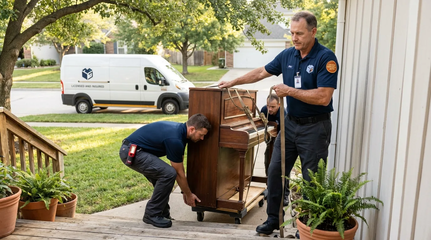 Licensed piano movers securing grand piano in Kuna, ID