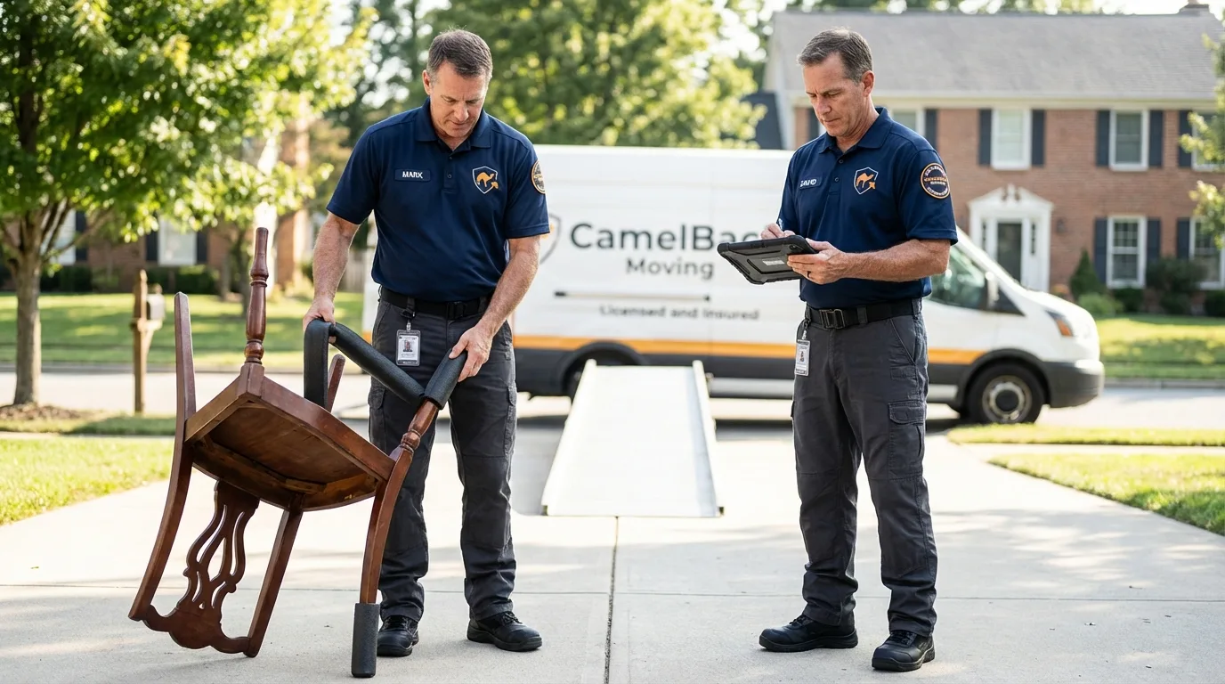 Movers inspecting furniture for damage prevention before loading in Kuna, ID